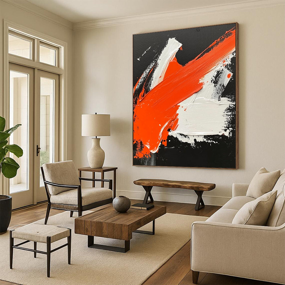 Contemporary hand-painted abstract artwork featuring dynamic orange and white strokes on a striking black background inspired by Wu Guanzhong. DLZ0499
