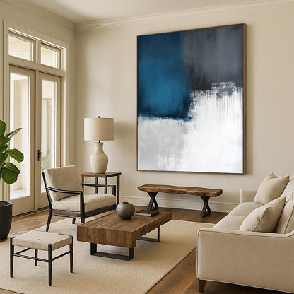 Contemporary large abstract artwork featuring layers of light sky-blue and dark gray, inspired by a calm sea on a white canvas. DLZ0539
