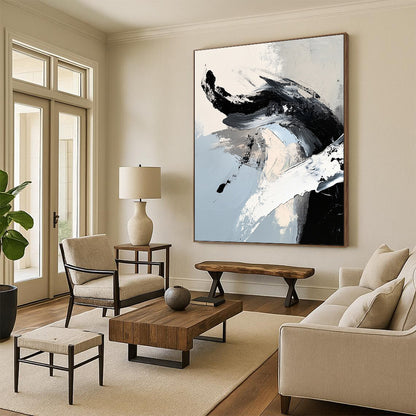 Contemporary abstract painting features striking black and white brushstrokes with a dragon-like shape in ink-like detail, embodying minimalistic expressionism. DLZ0736