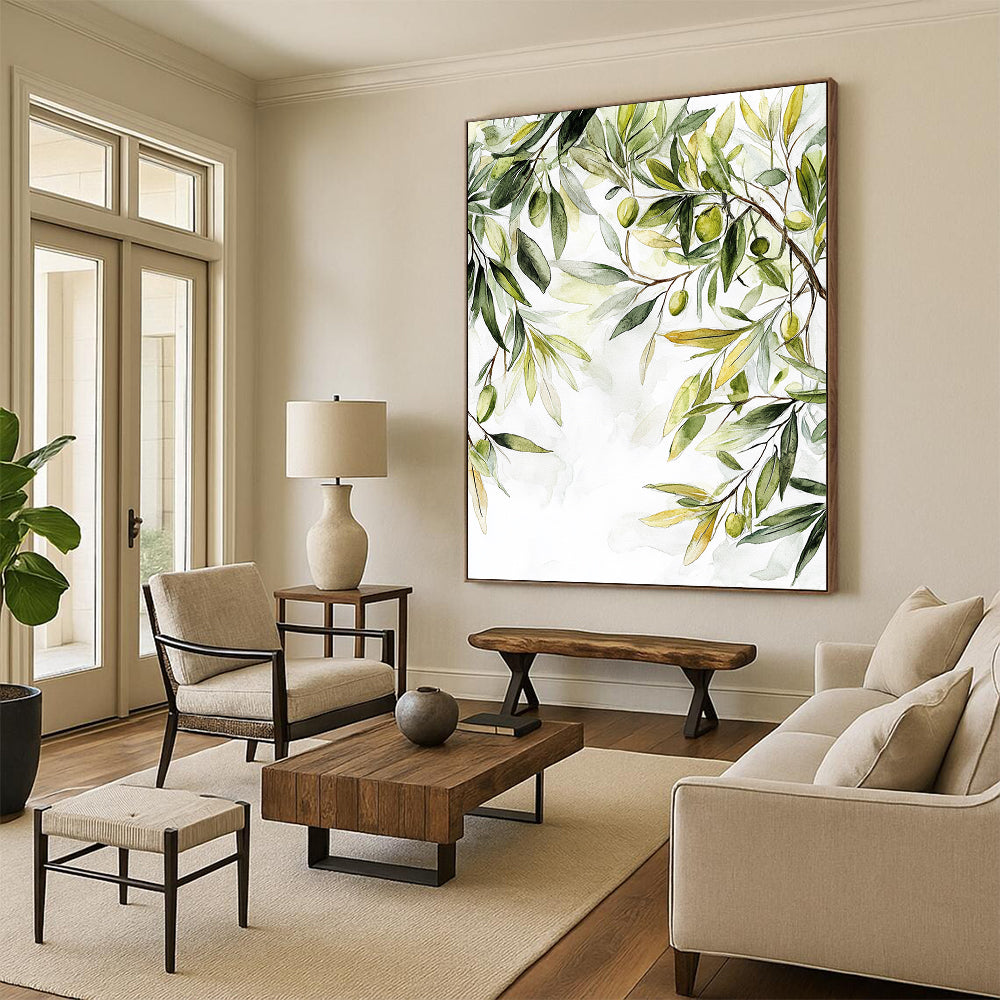 Contemporary abstract painting featuring olive tree leaves in muted colors with soft organic forms and white space highlighting nature's tranquility. DLZ1728