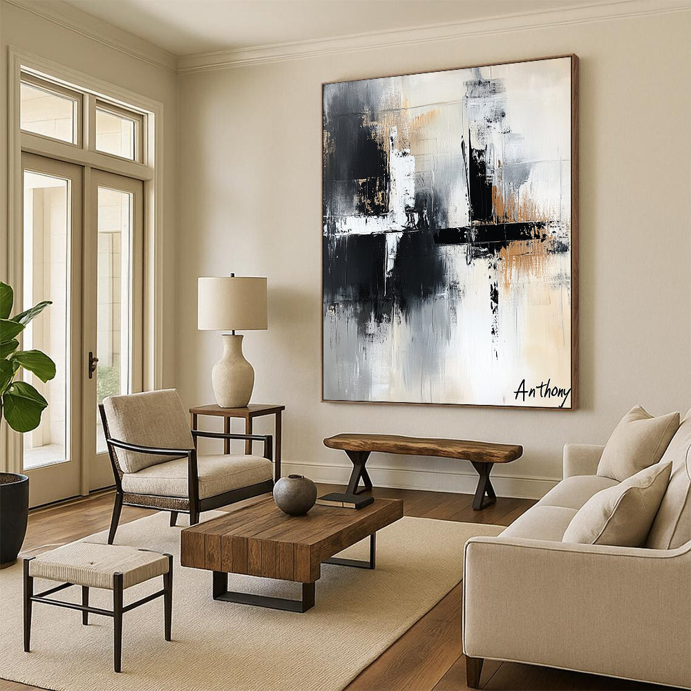 Contemporary abstract art features the word Anthony in white black and grey with bold brush strokes and layered textures creating depth and elegance. DLZ1422