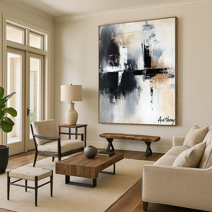 Contemporary abstract art features the word Anthony in white black and grey with bold brush strokes and layered textures creating depth and elegance. DLZ1422