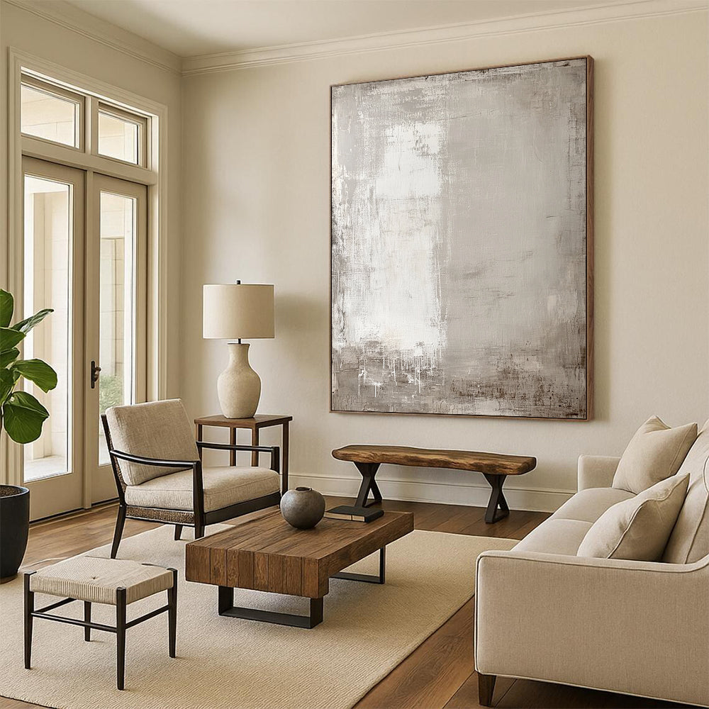 Contemporary hand-painted abstract art featuring soft neutral tones and aged textures with subtle outlines of buildings and trees for depth. DLZ1278