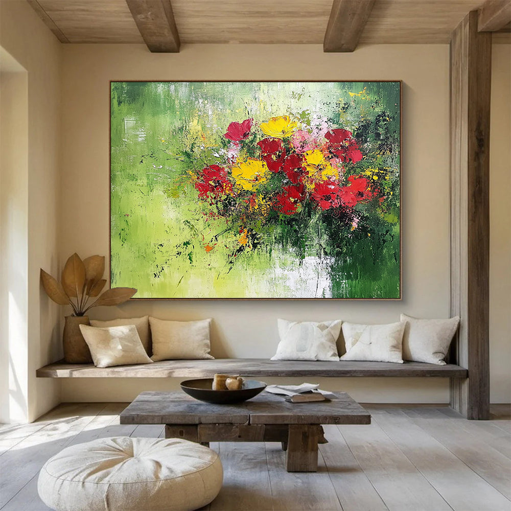 Impasto Flower Bouquet on Green - Textured Still - Life Painting On Canvas HB0475