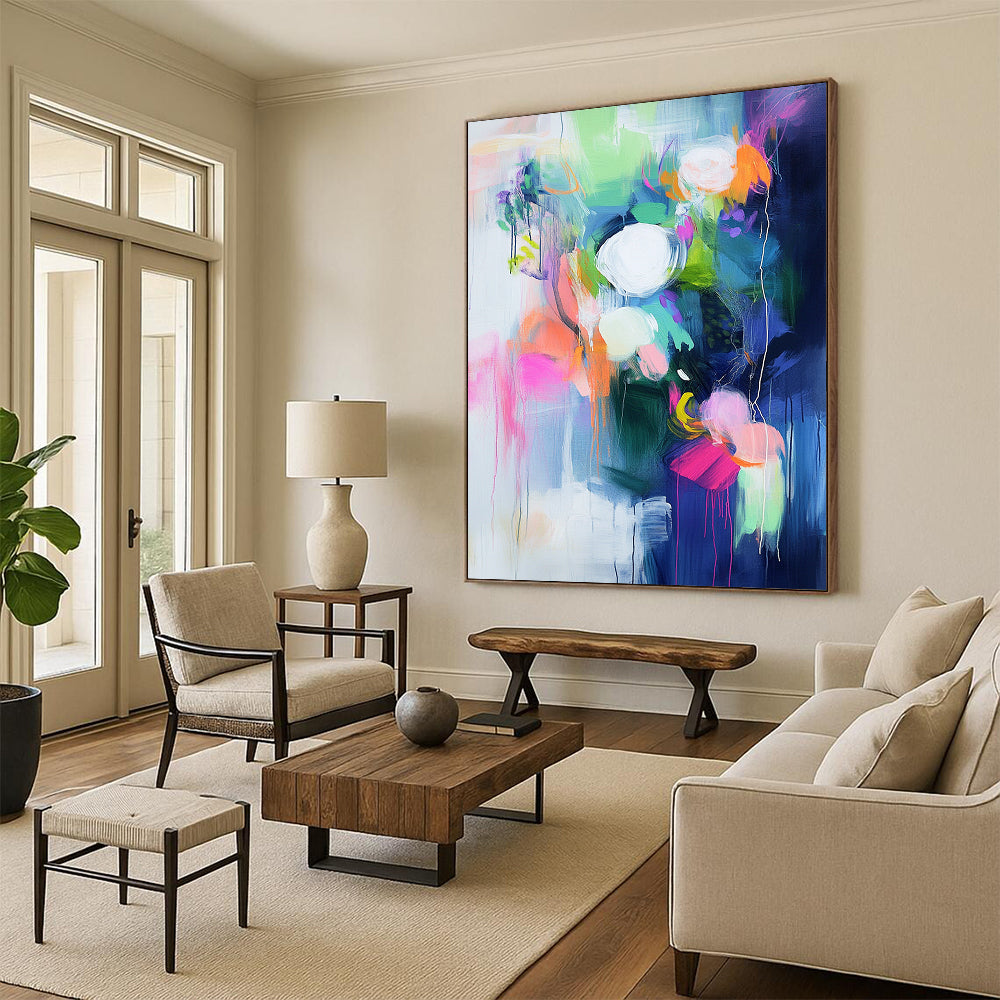 Large contemporary hand-painted abstract art with bright colors bold brushstrokes vibrant shapes and soft lighting creating emotional depth and atmosphere. DLZ1029