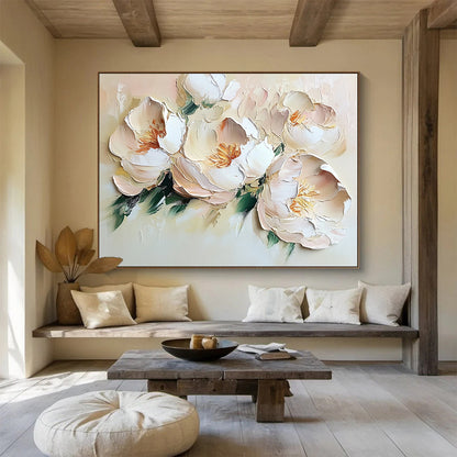 “Blush Peony Blooms” - Muted peaches, whites, greens; Thick - textured peony flowers; Impasto Floral Painting On Canvas HB1157