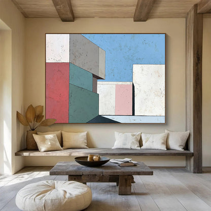 “Pastel Geometric Architecture” - Pink, Green, Blue, Abstract Buildings - Modernist Acrylic Painting HB1499