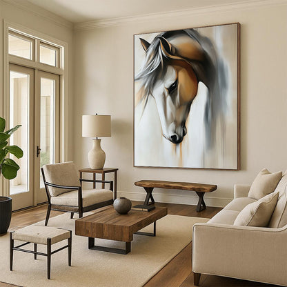 Contemporary abstract painting featuring a close-up view of a horse in muted light gray and off-white tones on a beige background. DLZ1670