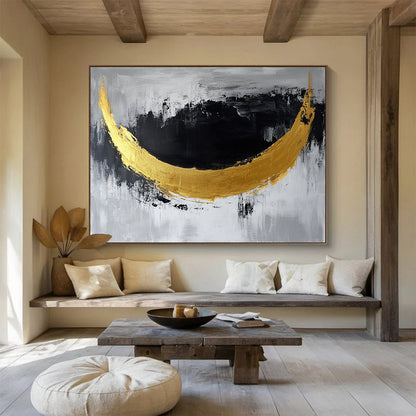 “Golden Crescent” - Gold, Black, Gray, Abstract Moon - Shaped Painting On Canvas HB1044