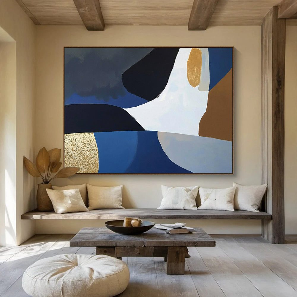 “Blue - Black - Gold Geometric Abstract” - Modernist Painting On Canvas HB0514