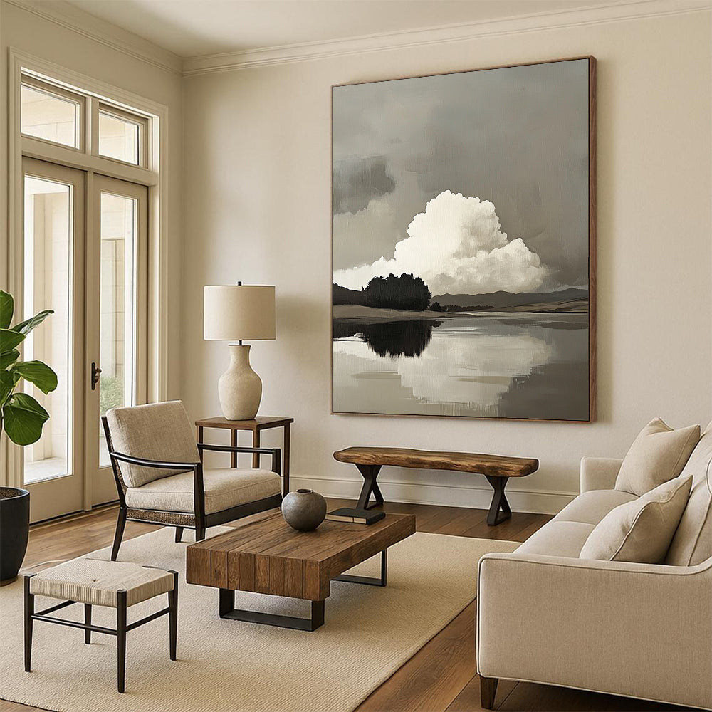 Contemporary abstract art featuring atmospheric clouds over a serene lake with hills and trees in soft neutral tones and subtle brush strokes. DLZ1097