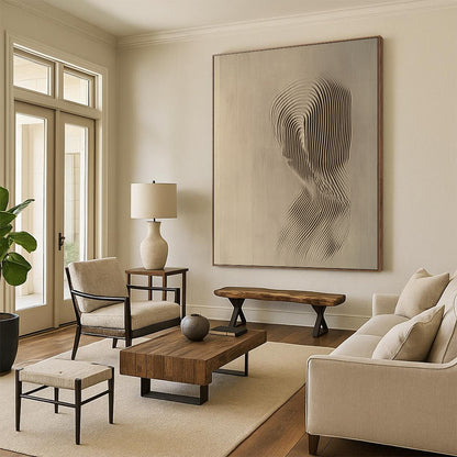 Contemporary abstract art featuring a relief carving of the female form with soft lines and curves in light beige against a neutral backdrop. DLZ1073