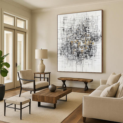 Black, White, Gray, Gold, Interwoven Lines "Gilded Urban Tapestry" Abstract Expressionist Painting On Canvas HB131