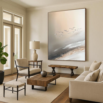Contemporary abstract painting showcasing Jupiter's serene beauty with soft sand dune-inspired colors and seagulls enhancing the tranquil atmosphere. DLZ1137