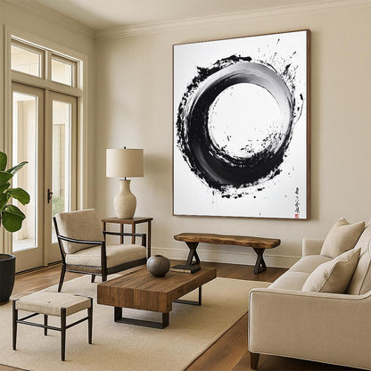 Black and White Textured Circle "Rustic Enso" Painting On Canvas HB288