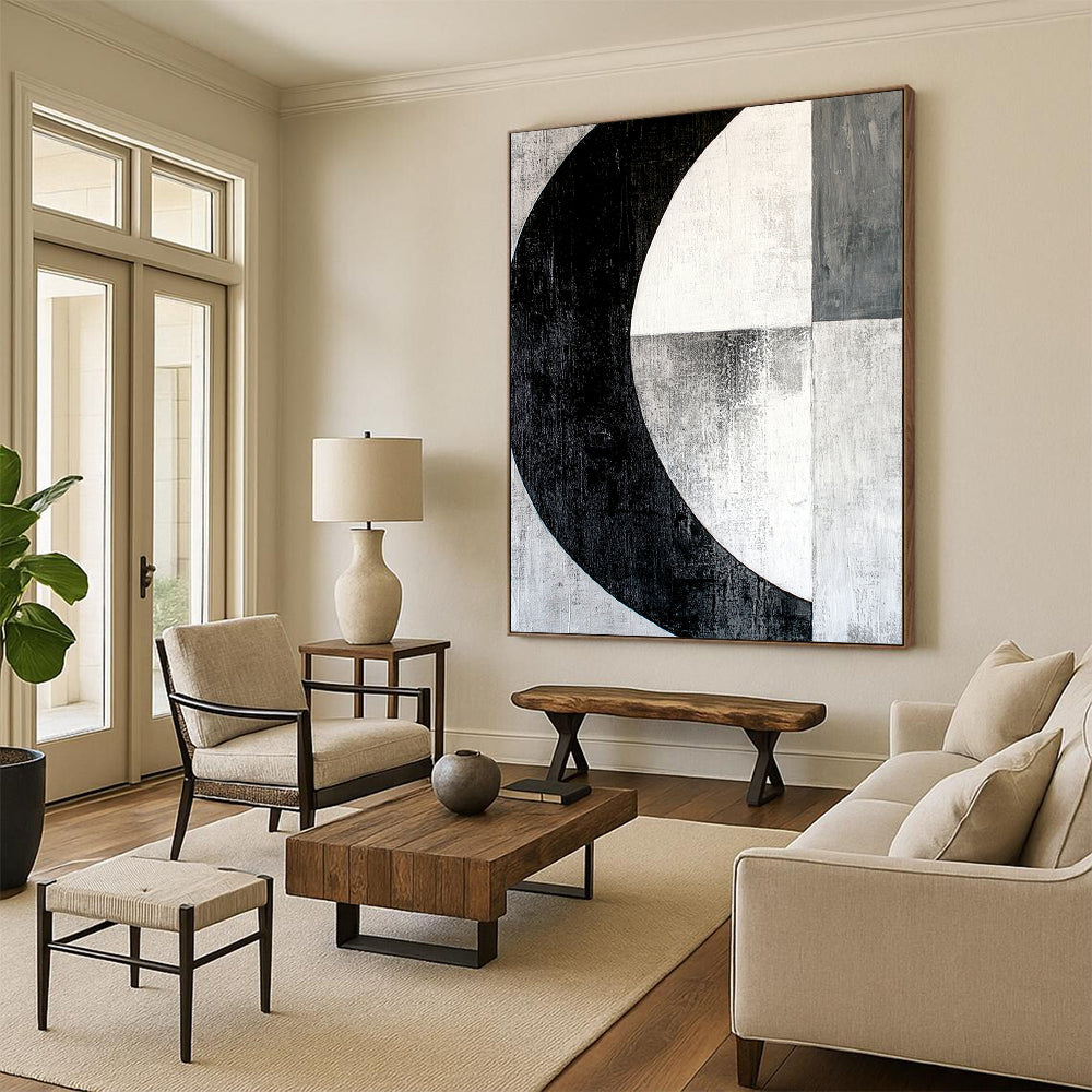 Black, White, Gray, Textured Crescent "Midnight Moon" Abstract Expressionist Painting On Canvas HB104