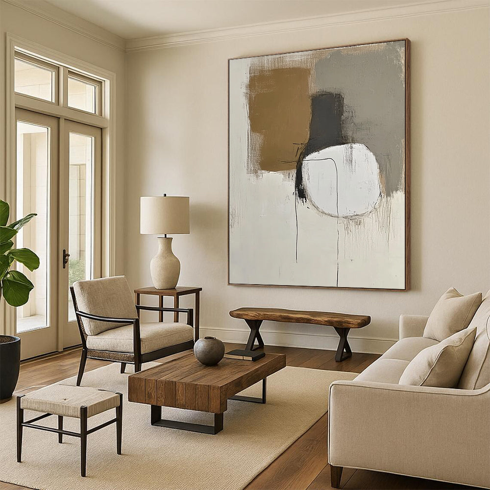 Contemporary hand-painted abstract artwork featuring minimalist design in neutral whites and grays with brown accents showcasing thin lines and simple shapes. DLZ0425