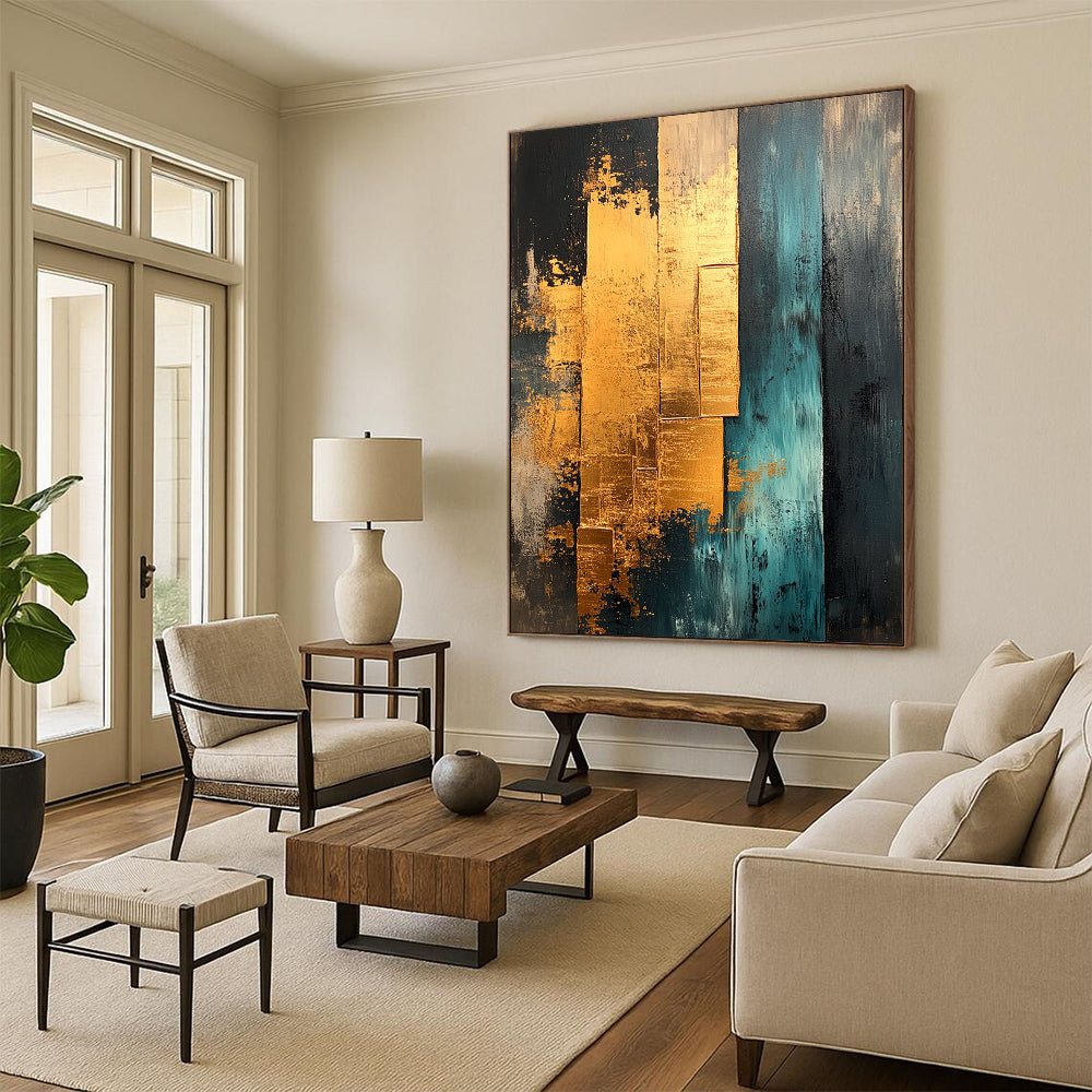 Contemporary abstract painting features gold teal and beige with gold foil edges showcasing layered architectural elements for unique texture and depth. DLZ0851