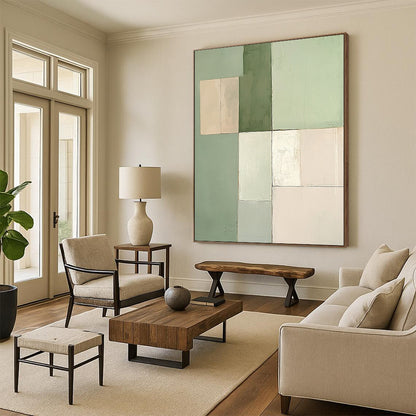 Contemporary hand-painted abstract artwork features a minimalist design with soft pastel green and beige squares in varying sizes. DLZ1334