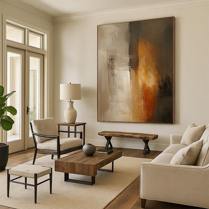 Contemporary abstract painting with soft beige and grey tones features tall vertical elements, blurred edges, and a textured surface against a dark gray wall. DLZ0560