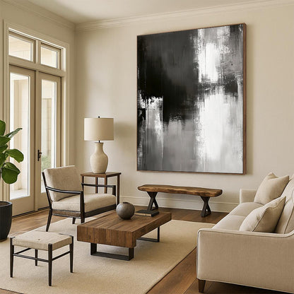 Contemporary abstract painting with grungy grey textures muted colors and simple brush strokes on a textured canvas for modern art lovers. DLZ0304