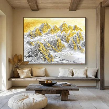 “Golden Mountain Peaks in Clouds” - Gold, White, Gray, Majestic Mountain Scene - Chinese Ink Painting HB1648