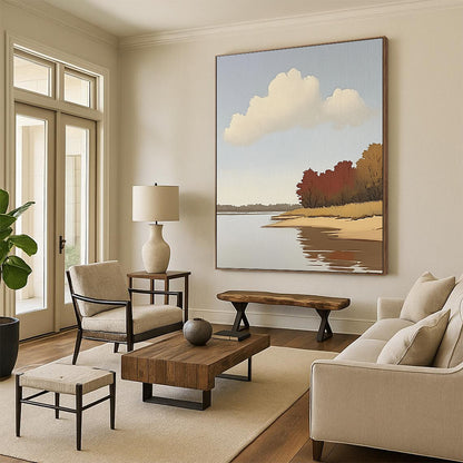 Contemporary hand-painted abstract art featuring a serene river, autumn trees, and light colors on a large canvas, showcasing clear brush strokes and minimalism. DLZ1098