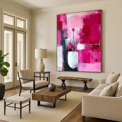 Contemporary hand-painted abstract art featuring a pink and white color scheme with delicate brushstrokes and intricate patterns for an ethereal aesthetic. DLZ0718