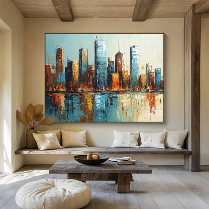 “Cityscape Reflections” - Blues, Browns, Oranges, Urban Skyline - Impressionist Oil Painting HB1591