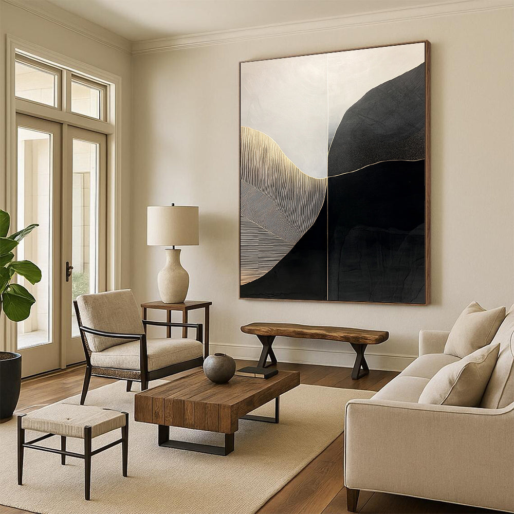 Black, White, Gold, Curved Geometry "Gilded Horizon" Abstract Modernist Painting On Canvas HB140