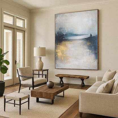 Contemporary abstract art featuring a moody ocean landscape in soft focus, neutral tones enhanced by gold and blue, creating a serene atmosphere. DLZ0464