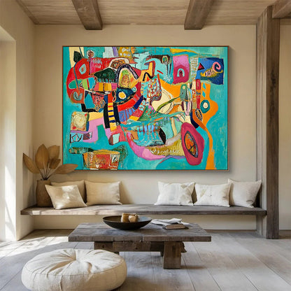 Colorful Turquoise - Based Abstract Collage – Mixed - Media Abstract Shape Painting HB1471