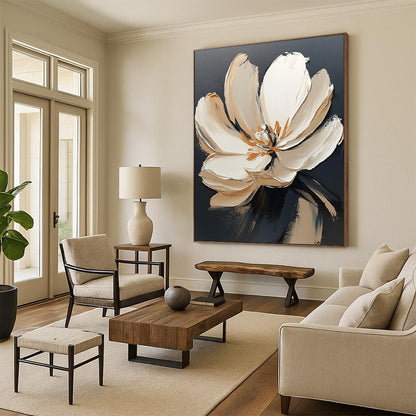 Contemporary abstract painting featuring a large white flower with gold accents on a dark gray background showcasing visible brush strokes. DLZ0603