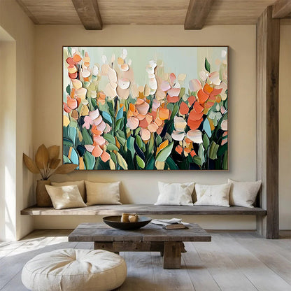 “Soft - Toned Floral Field” - Muted Palette, Layered Floral Landscape Painting On Canvas HB0878