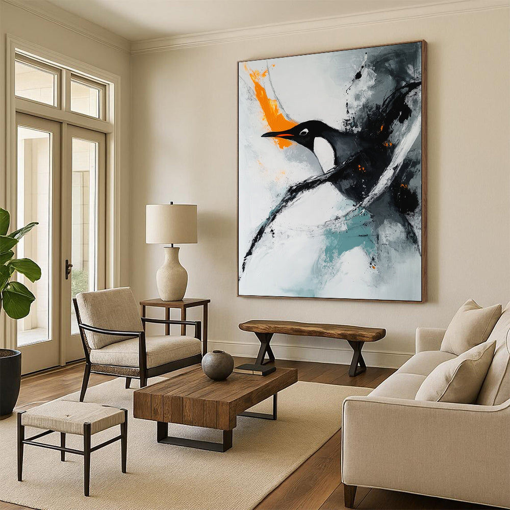 Contemporary hand-painted abstract art featuring a minimalist composition with soft edges showcasing a penguin swimming on a white background accentuated by orange tones. DLZ0551