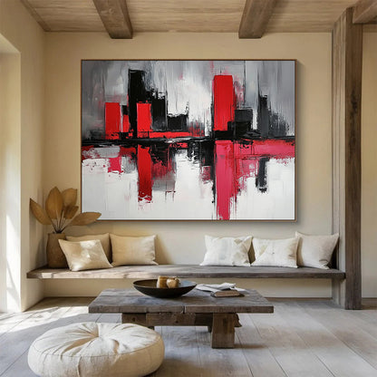 “Abstract Cityscape in Red and Black” - Red, black, white, gray; Abstract cityscape with reflection effects; Acrylic Painting On Canvas HB1272