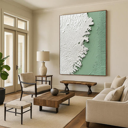 Contemporary abstract artwork featuring a soft sage green wall and delicate white textured paint resembling intricate lace, emphasizing rich color and texture. DLZ1214