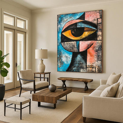 Contemporary hand-painted abstract art featuring a cubist eye in blue, pink, and black with dynamic shapes and textured depth for striking composition. DLZ1237