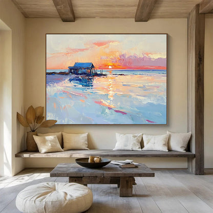 “Sunset Shack by Sea” - Pinks, Oranges, Blues, Coastal Shack - Impasto Oil Painting HB1592