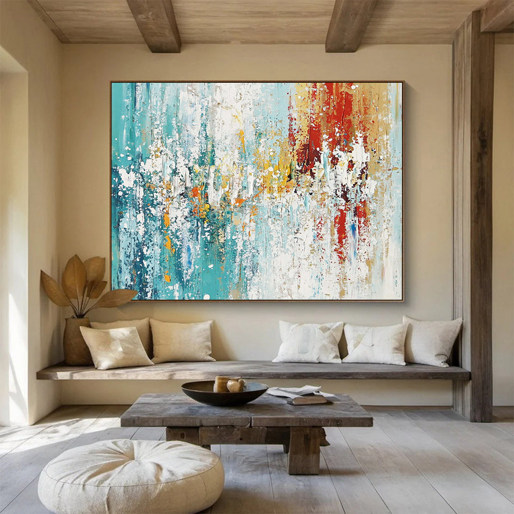 “Colorful Abstract Splash” - Teal, yellow, red, white; Abstract splash with vibrant colors; Acrylic Painting On Canvas HB1271