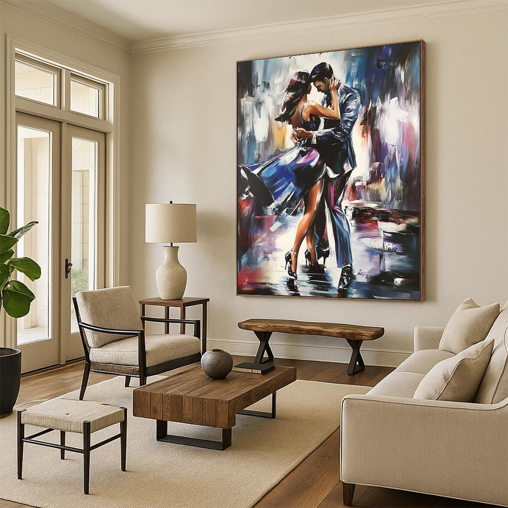 Contemporary hand-painted abstract artwork featuring two figures dancing the tango with dynamic brush strokes and intricate detailing in a striking composition. DLZ1659