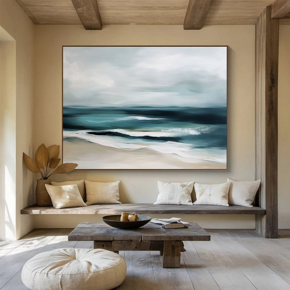“Muted Coastal Calm” - Gray, Teal, Beige, Abstract Beach - Minimalist Oil Painting HB1507