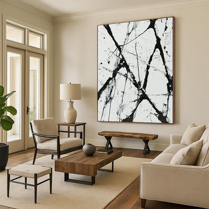 Black, White, Gray, Web - like Lines "Chaotic Web" Abstract Expressionist Painting On Canvas HB046