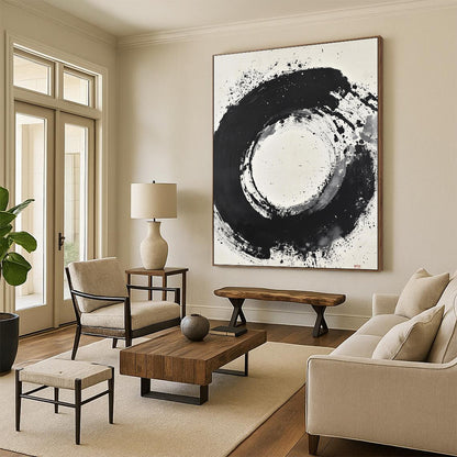 Black and White Splattered Circle "Cosmic Enso" Painting On Canvas HB280