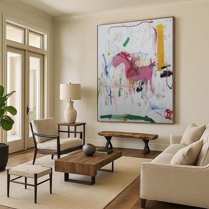 Contemporary abstract artwork featuring vibrant marker scribbles a pink horse a green river a yellow tower and a red arrow accentuating the composition. DLZ1011