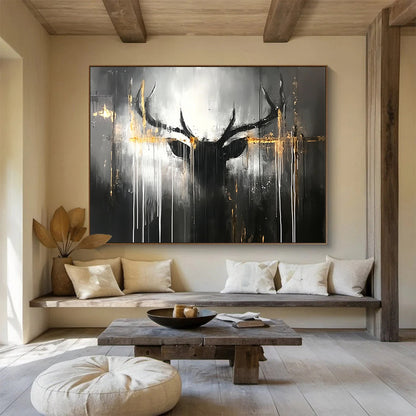 “Mystic Stag” - Dark grays, blacks, striking golds; Abstract stag head, dripping lines; Contemporary Animal Painting On Canvas HB1152