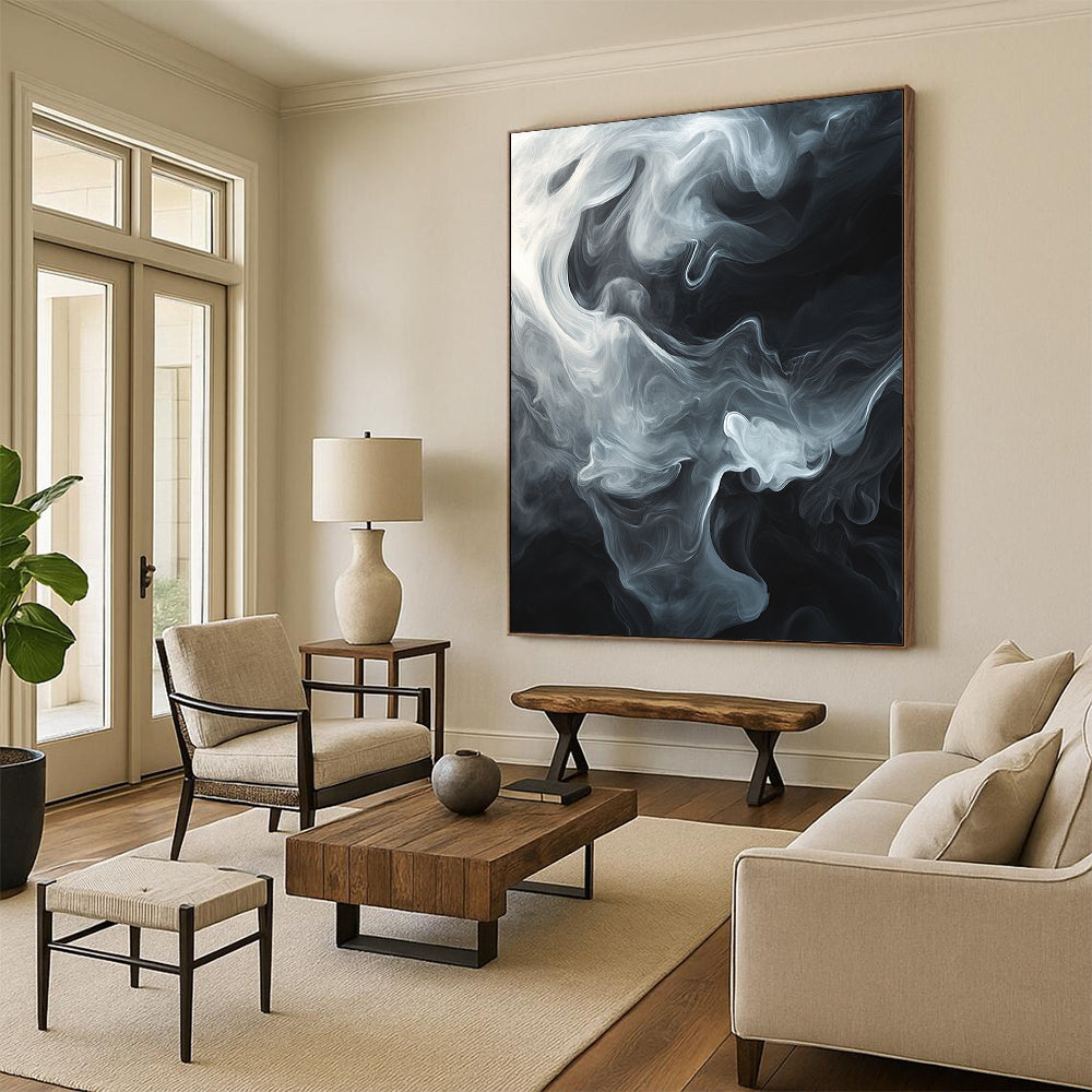 Black & White Swirling Smoke - “Mystic Smoke Veil” Painting On Canvas HB202