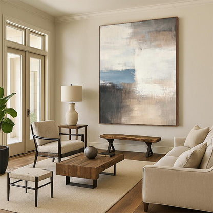Contemporary hand-painted abstract art featuring soft beige and gray tones accented with hints of blue, perfect for enhancing any modern space. DLZ1057