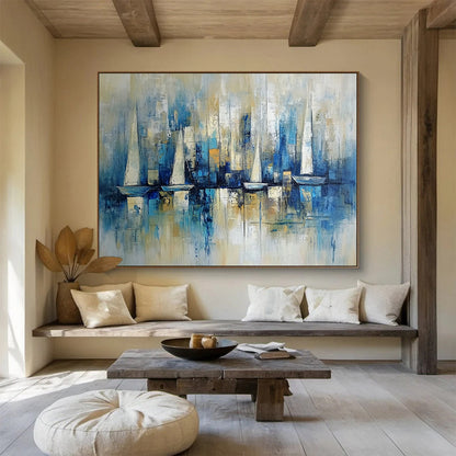 “Blue Sailboat Skyline” - Blue, Beige, White, Abstract Harbor - Impressionist Oil Painting HB1498