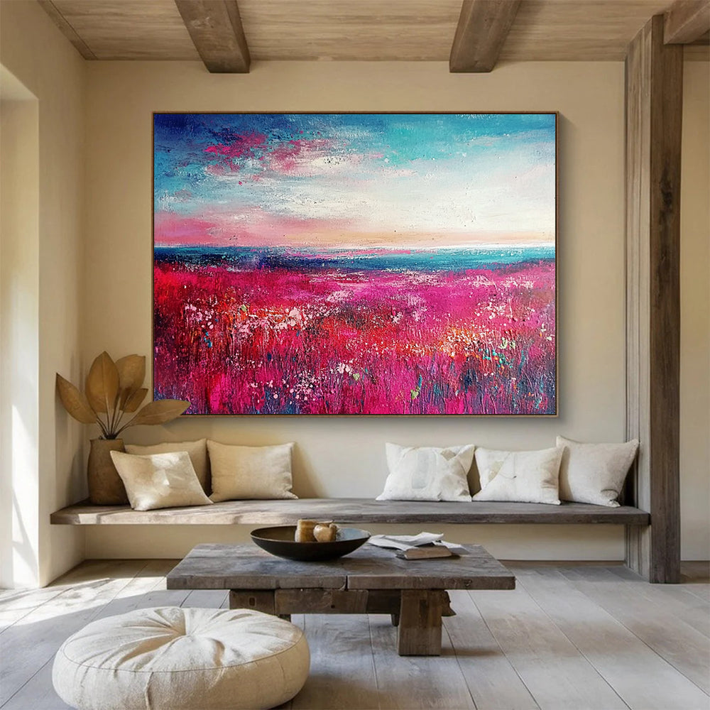 “Pink Meadow Sunset” - Pink, Blue, White, Lush Meadow and Colorful Sky Painting On Canvas HB0943